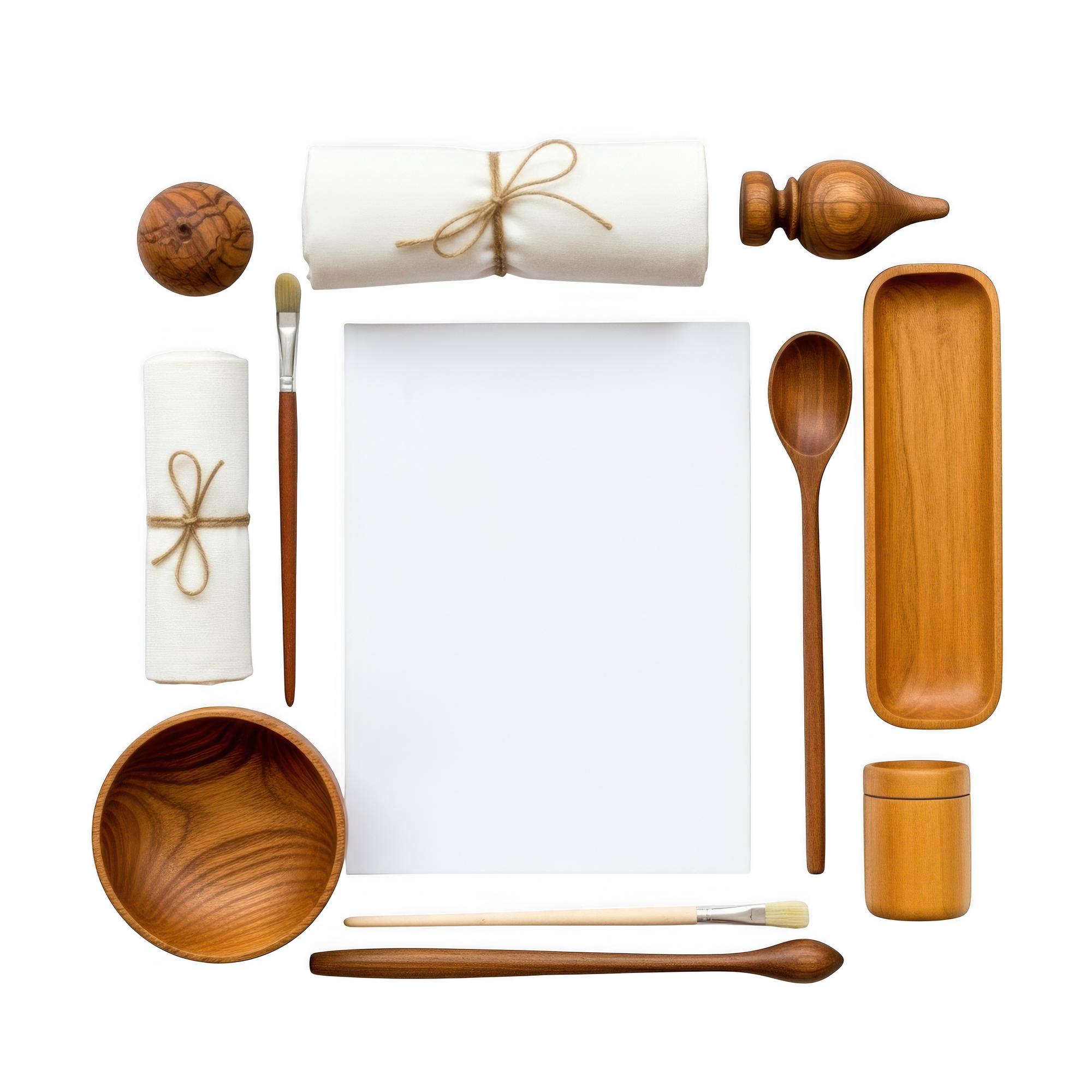 Workshop table with tools and plated food